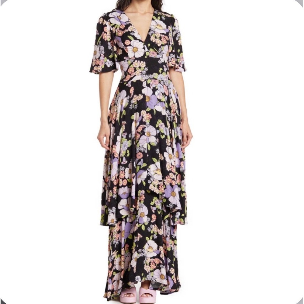 AFRM Los Angeles Floral Maxi Dress Black Purple Cutout Back Smocked Large